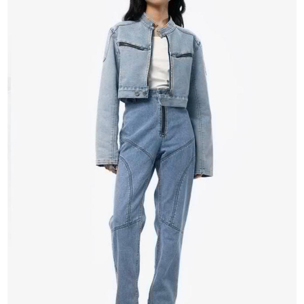 COLORBOX Light Blue Denim Set (Cropped Racing Denim Jacket + Straight Cut Racing Jeans) / High Neck 