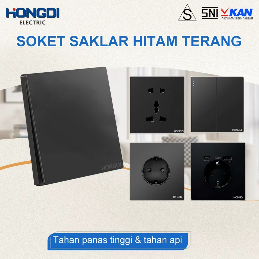 HONGDI Saklar Hitam Matte Stop Kontak Sakelar Lampu Colokan Dinding Aesthetic On Off Gabungan
