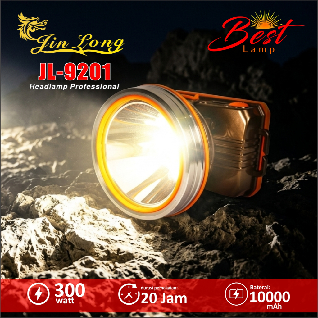 Senter Kepala / Headlamp Jinlong JL 9201 waterproof / tahan air 300 watt baterai 10000 mAh