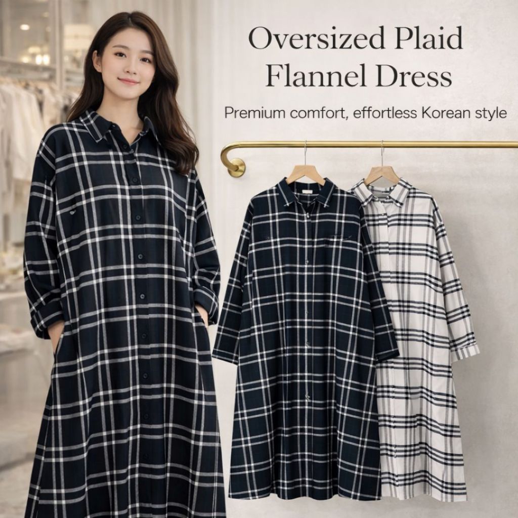 Dress Wanita Kemeja Panjang Oversize | Dress Flanel Kotak Premium | Tunik Wanita Loose Fit Korean St