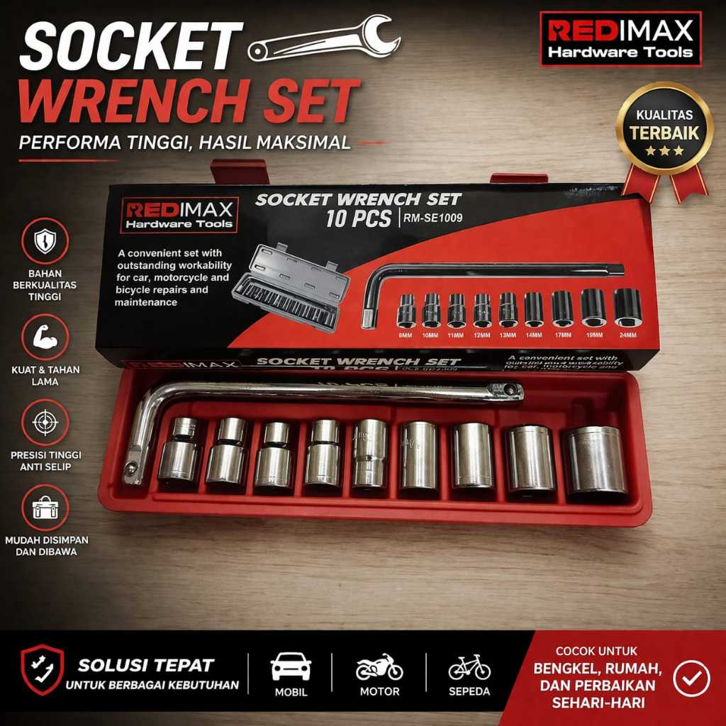 Kunci Shock Sok Set 10Pcs KTP 1/2 "6 PT Ukuran 8 - 24Mm - Kunci Socket Wrench Set 10 Pcs COD -Kunci 