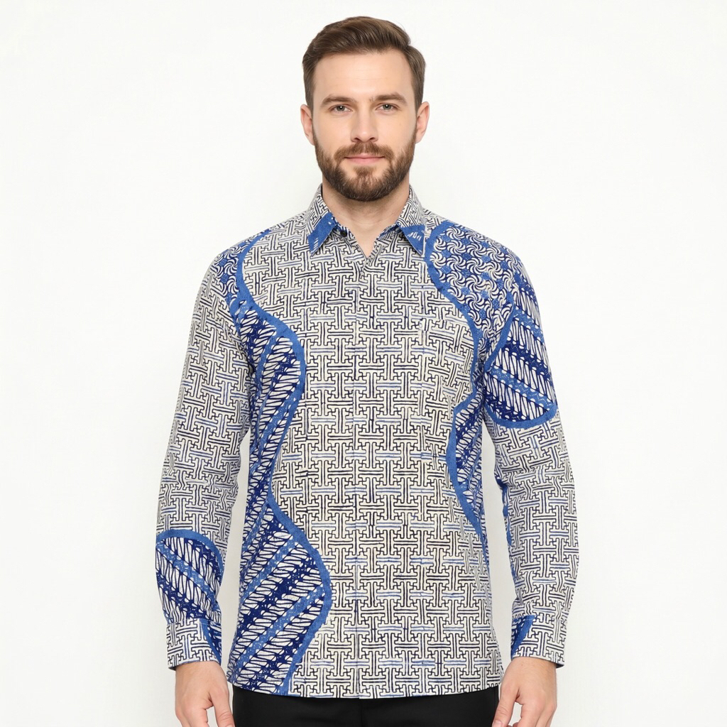 |Magnus| Kemeja Batik Pria Lengan Panjang Bahan Doby Sutra ATBM Lapis Furring Arrow Warna Putih Biru
