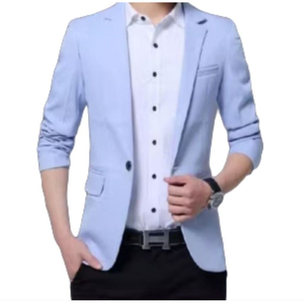 (FULL FURING) Blazer Pria Formal Saku Tutup/Blazer Jas Pria Warna Biru Muda Slimpit/Jas Blazer Pria 