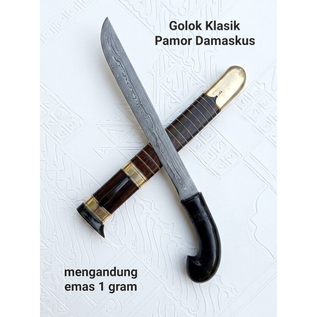 Pamor Damaskus Original Golok Klasik Premium Tebal Kombinasi 1 gram Emas Gagang Tanduk Pisau 313msz