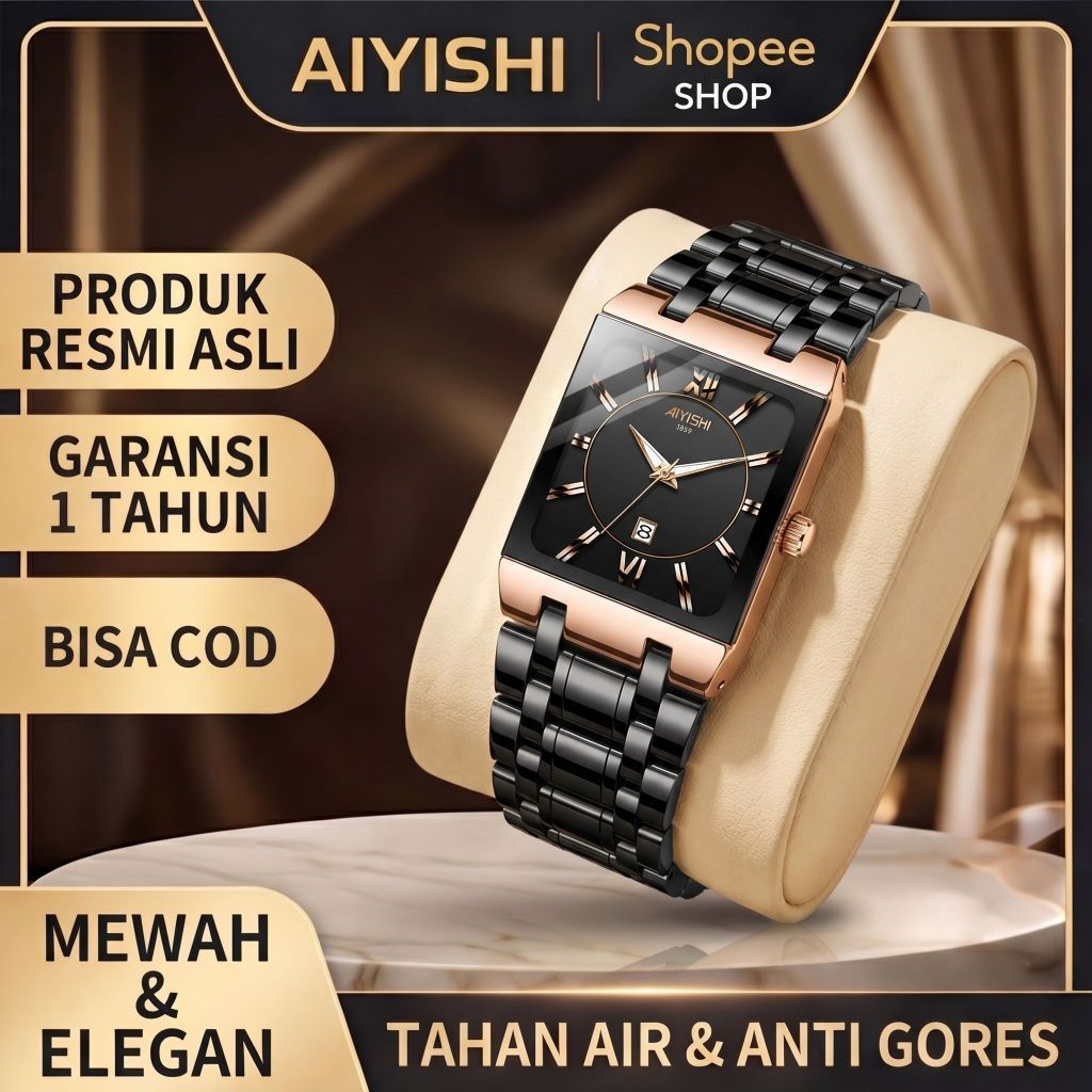 AIYISHI Jam Tangan Wanita Kotak Mewah - Tali Rantai Hitam Emas, Kalender Tanggal, Desain Bisnis Eleg