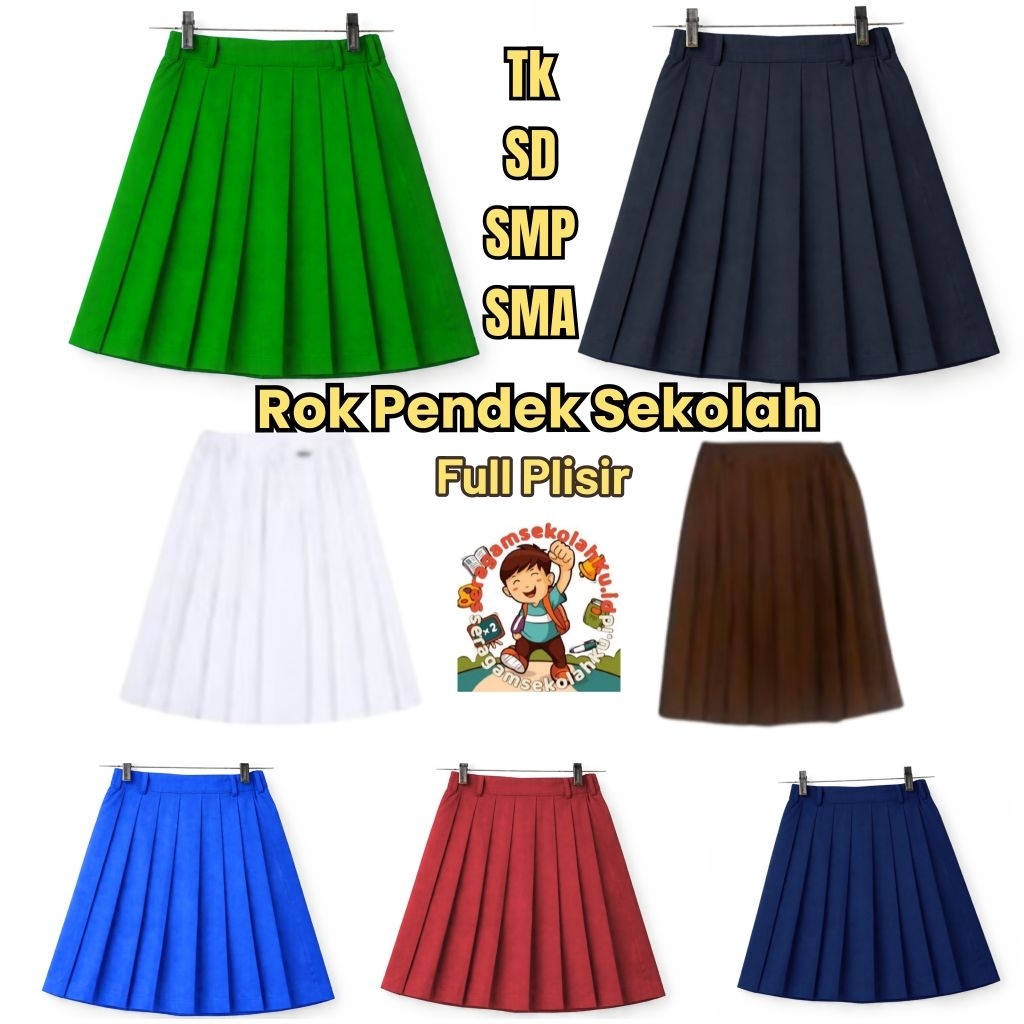 Rok Pendek SD Putri Plisir Meksi Seragam Sekolah Warna Putih Merah Biru Dongker Benhur Hitam Coklat 