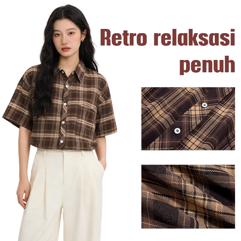 Kemeja Kotak-kotak Wanita, Kemeja Wanita Gaya Korea, Kemeja Kotak-kotak Retro, Kemeja Wanita Longgar