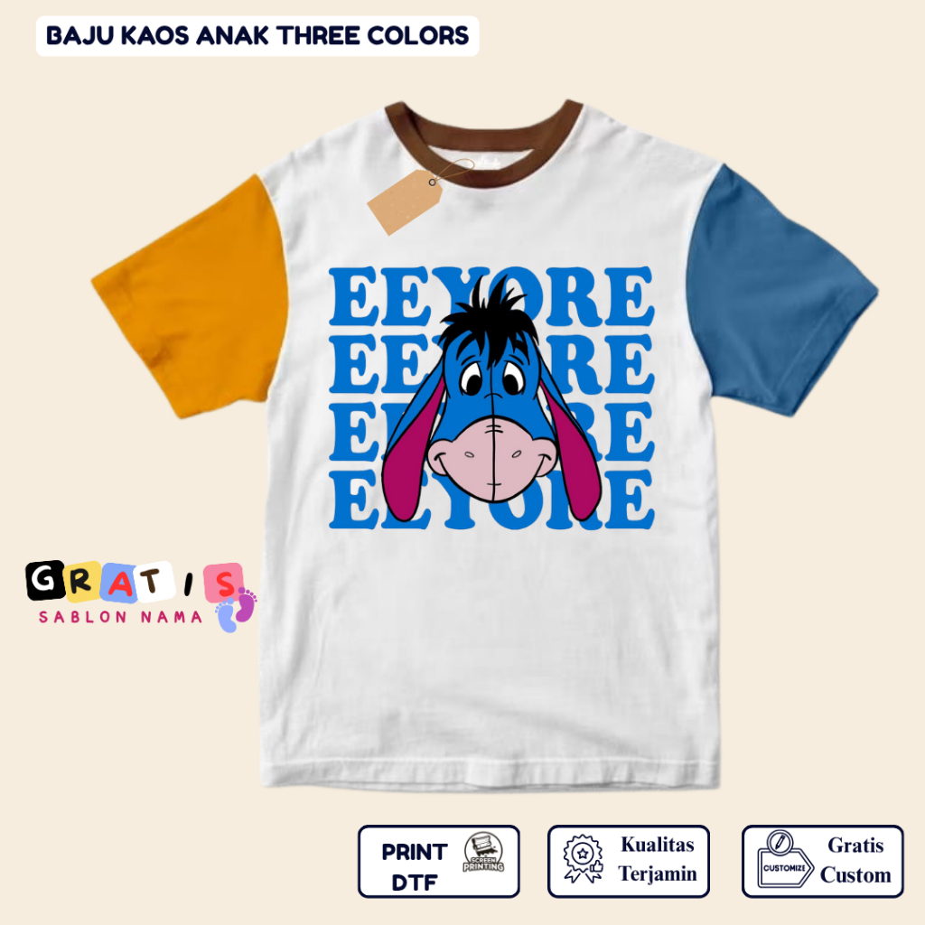 shabira tas  - Kaos Anak EEYORE  - Kaos Anak Pendek Three Colors Dino - Kaos Anak Sablon Nama