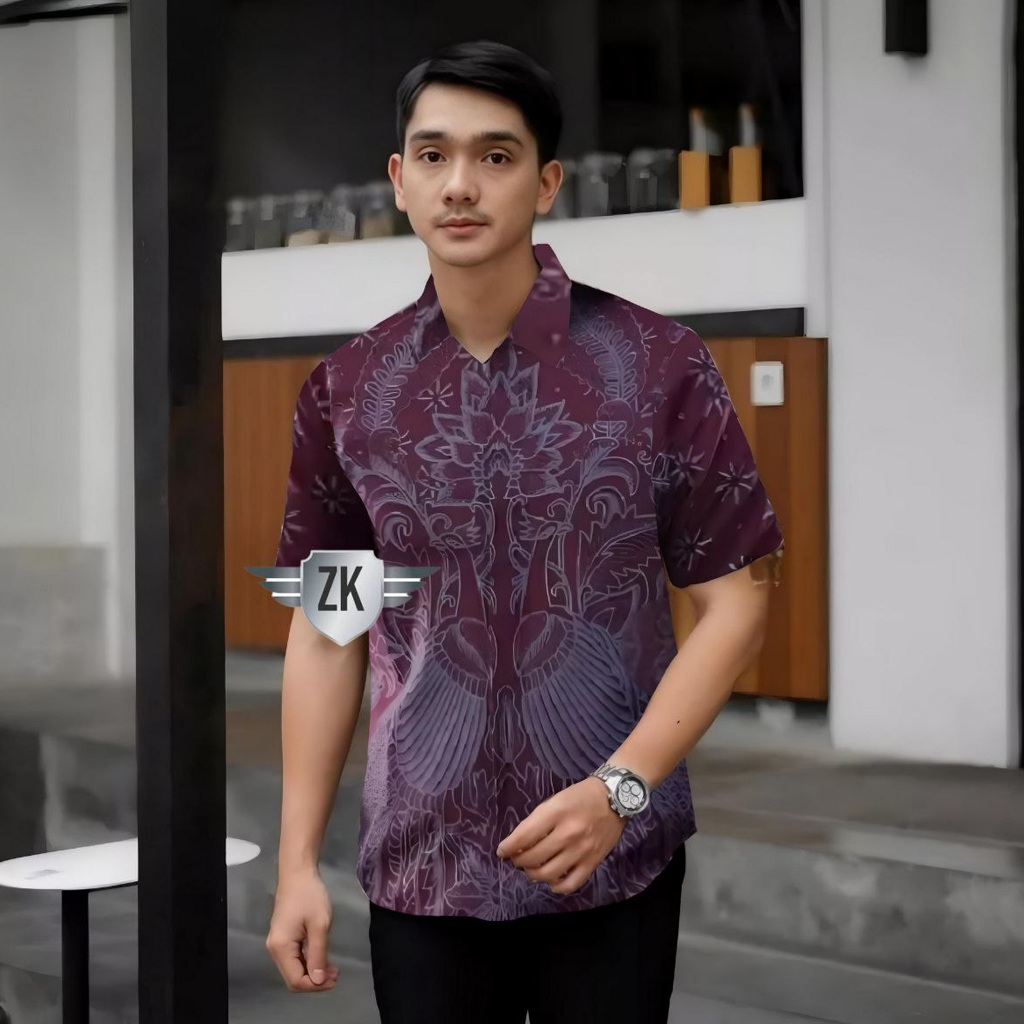 Kemeja Hem Baju Batik Pria Casual Lengan Pendek motif Damar Maron Katun