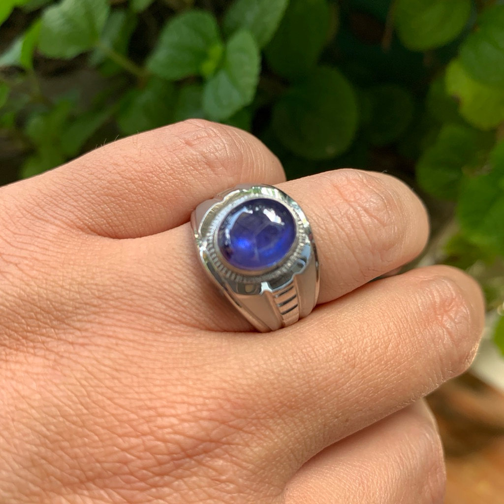 Cincin Pria Natural Royal Blue Sapphire Memo Safir Cabochon Ring Monel Doff Handmade Size 8