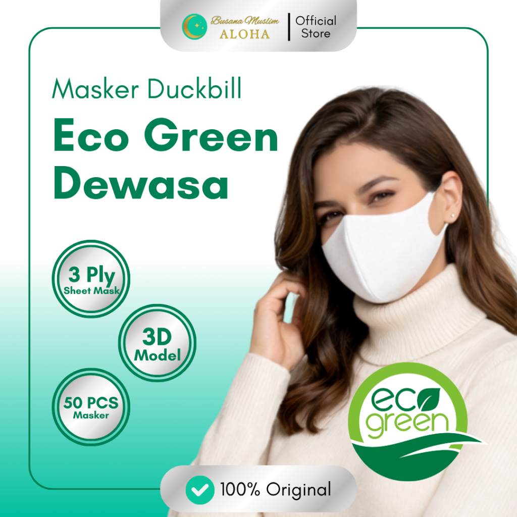 Masker Duckbill Eco Green 3ply Dewasa 1 Box isi 50pcs Original Aloha