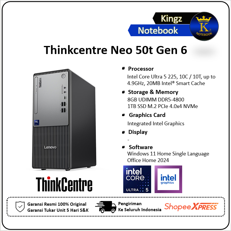 Thinkcentre Neo 50t Gen 6 Ultra 5 225 8GB 1TB SSD Win11+Office 2024 Tanpa Monitor