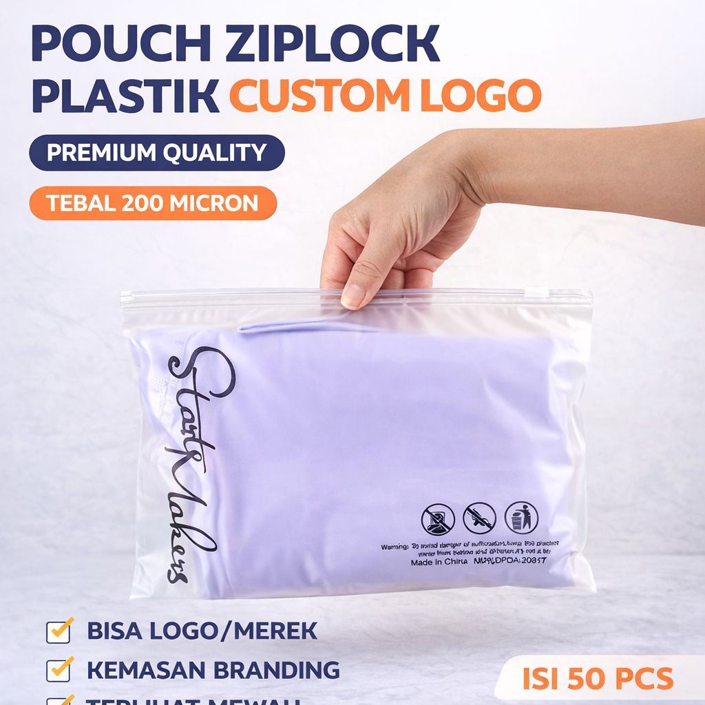 Pouch Zipper Custom Logo – Kemasan Hijab & Skincare 200 Micron (isi 50pcs)