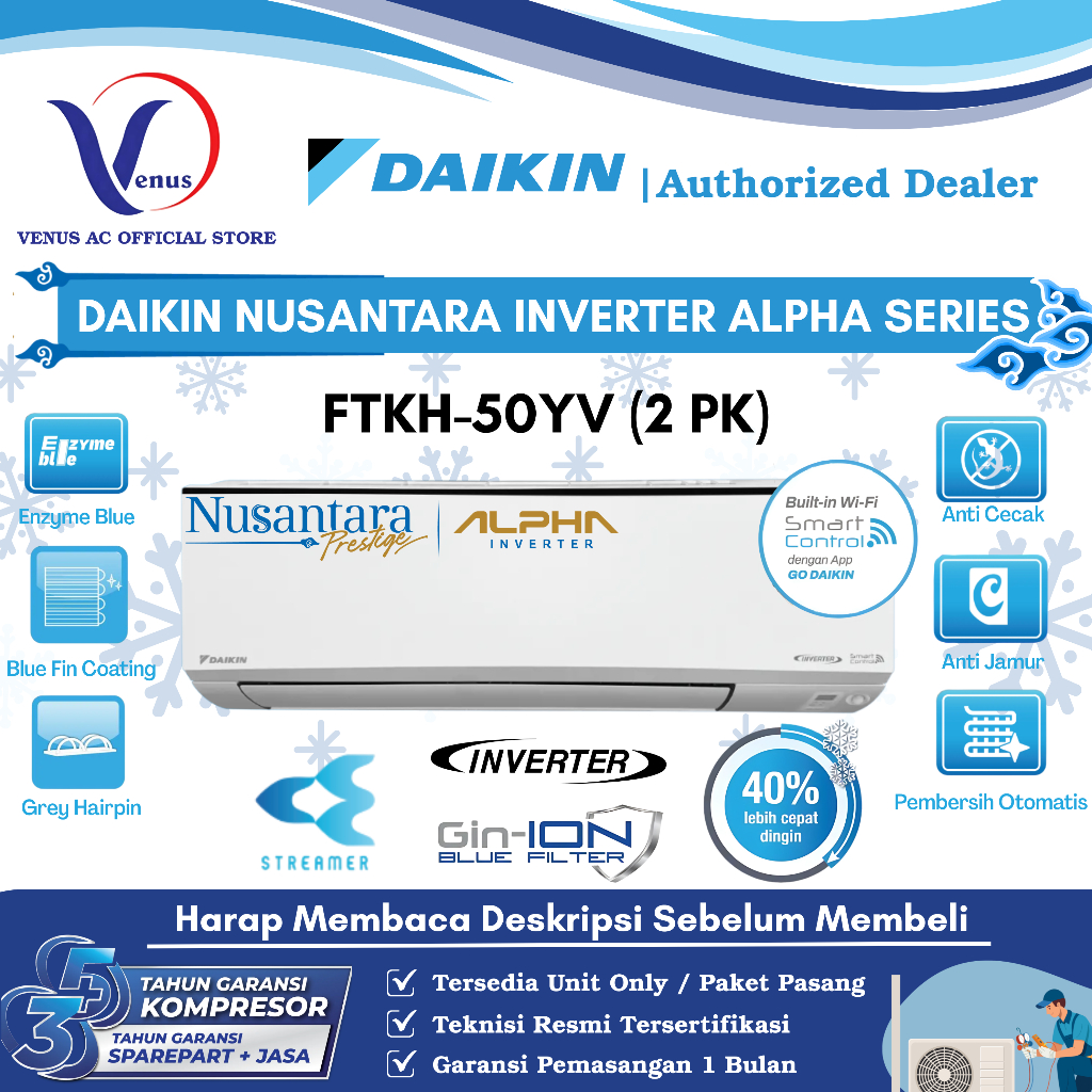 AC DAIKIN 2 PK INVERTER ALPHA FTKH-50YV NUSANTARA SERIES TIPE TERBARU
