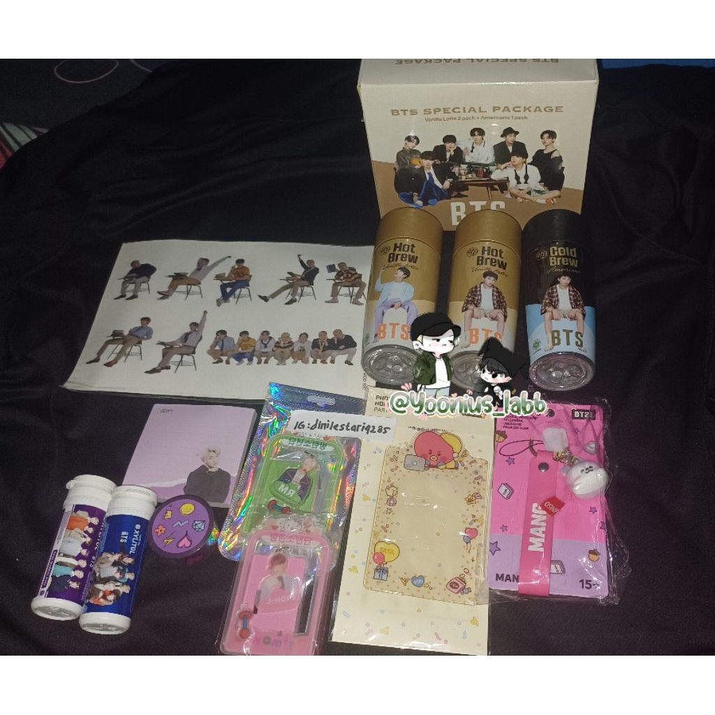 BTS Bt21x miniso mang, keyring mang x miniso, bt21 cahol. standee rm jhope, stiker deco kit & notes.