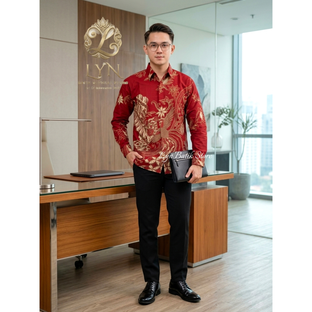 PEKSI PRABHU MERAH Kemeja Batik Pria Lengan Panjang Kemeja Batik Warna Merah Baju Batik Pria Bahan K