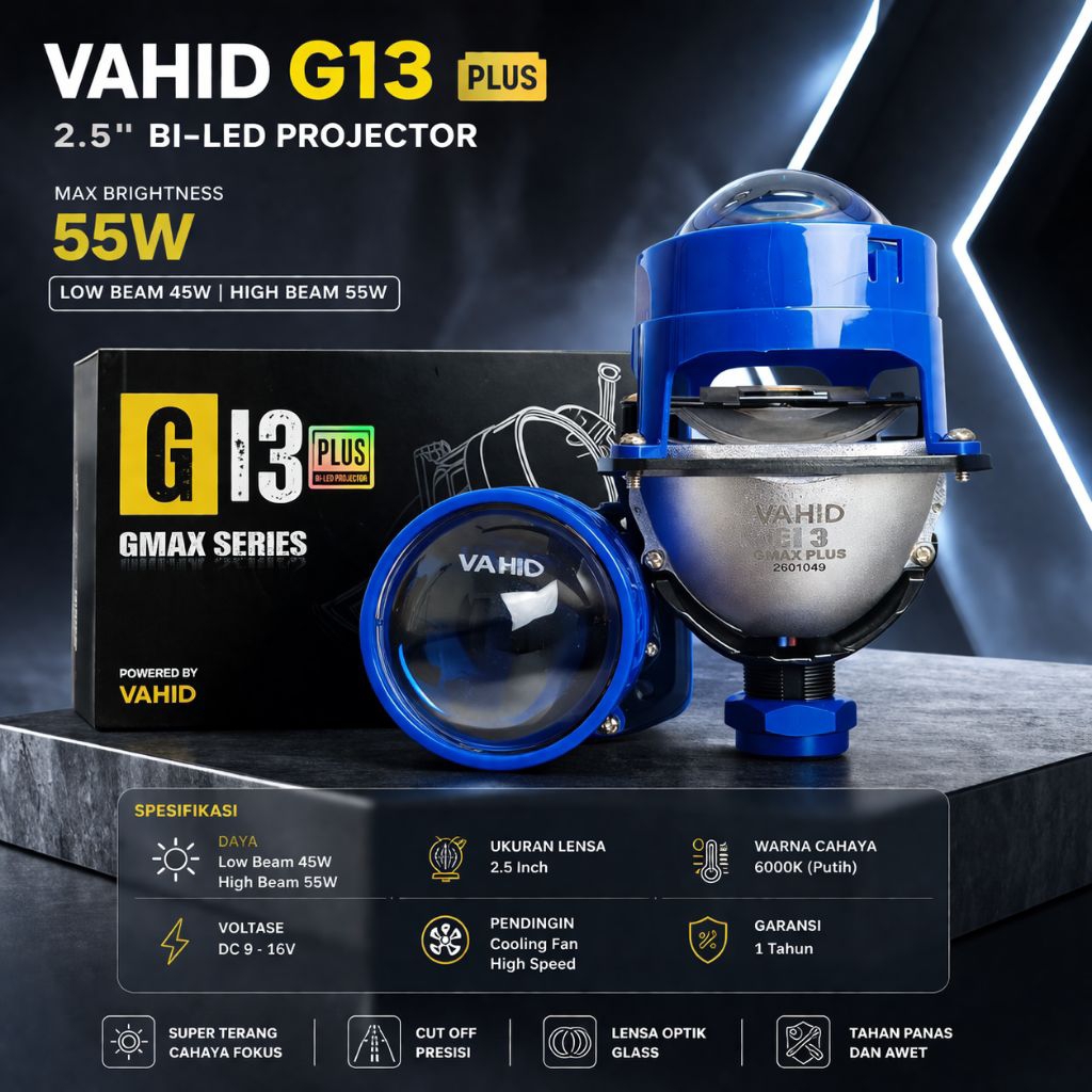 Biled Projector 2.5 Inch Vahid G13 Plus GMAX Series Lampu Mobil LED Terang Fokus Universal H4 H6 H7 