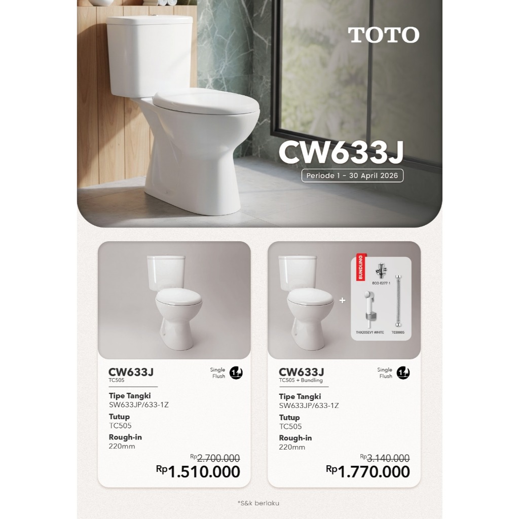 PROMO Closet TOTO CW633JW / SW633JP +TC505 / Closet Duduk TOTO (Paket Jet Shower) (22cm)