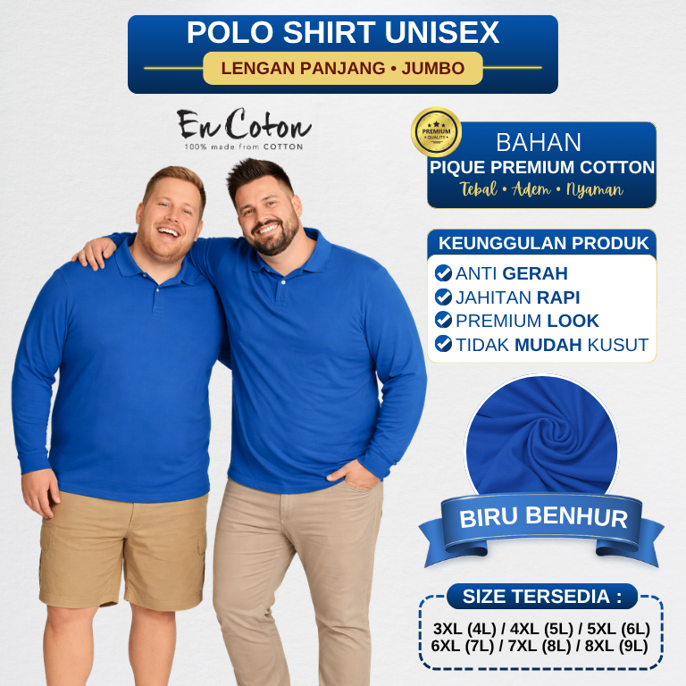 Kaos Kerah Polo Jumbo Oversize Big Size BIRU BENHUR ROYAL BLUE BIRU BCA Premium Tangan Lengan Panjan