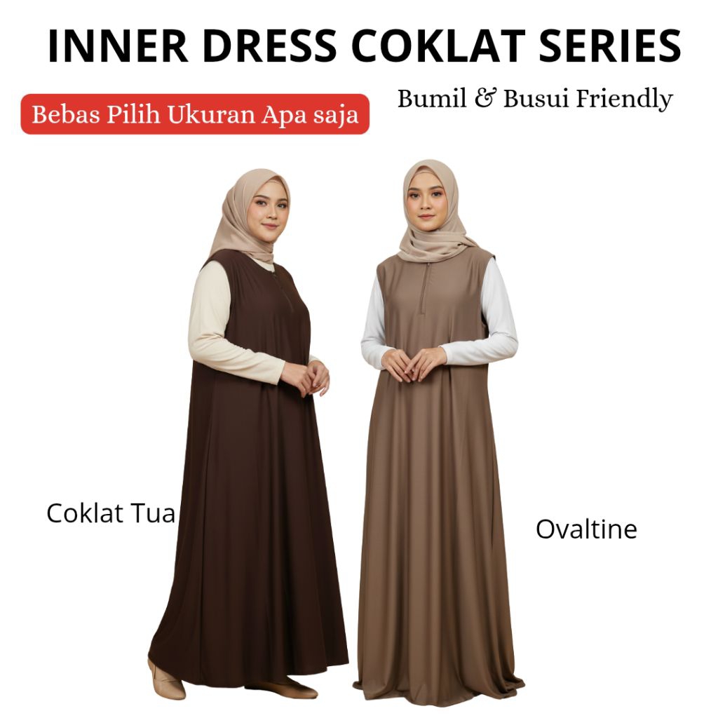 AVISIENA Inner Dress COKLAT TUA | Panjang Dan Ukuran Bisa Disesuaikan | Dalaman Dress Tanpa Lengan |