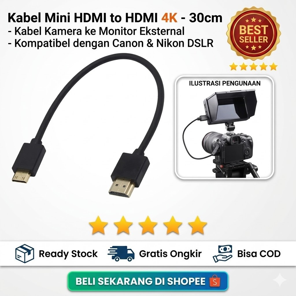 Kabel Mini HDMI ke HDMI 4K 30cm High Speed - Adapter Kamera DSLR Canon Nikon ke Monitor Eksternal La