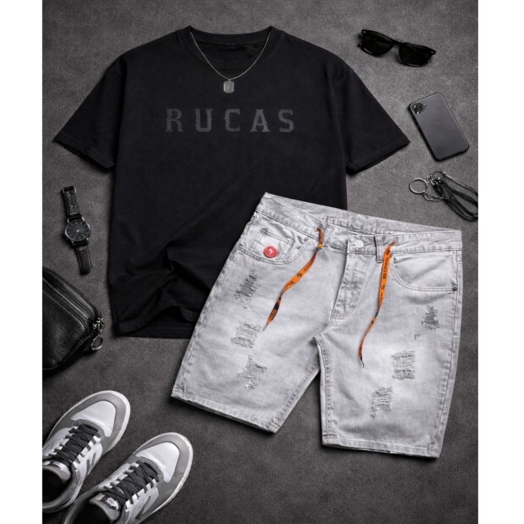 RUCAS Setelan Pria Hitam T-Shirt & Celana Jeans Pendek dengan Detail Orange Trendy