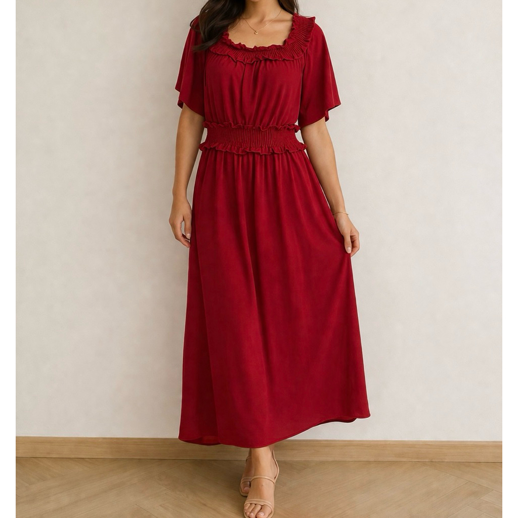 PRELOVED Zara Red Basic Square Neck Sabrina Puff Sleeves Maxi Long Dress Panjang Fashion Wanita