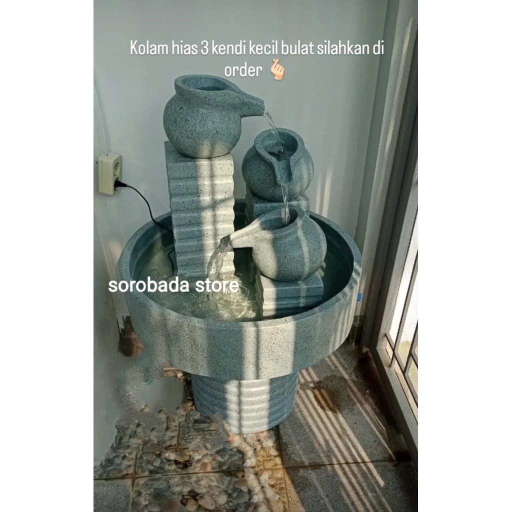 Air mancur 3 kendi besar  bulat l air mancur batu alam 3 kendi bulat l dekorasi taman l dekorasi rua