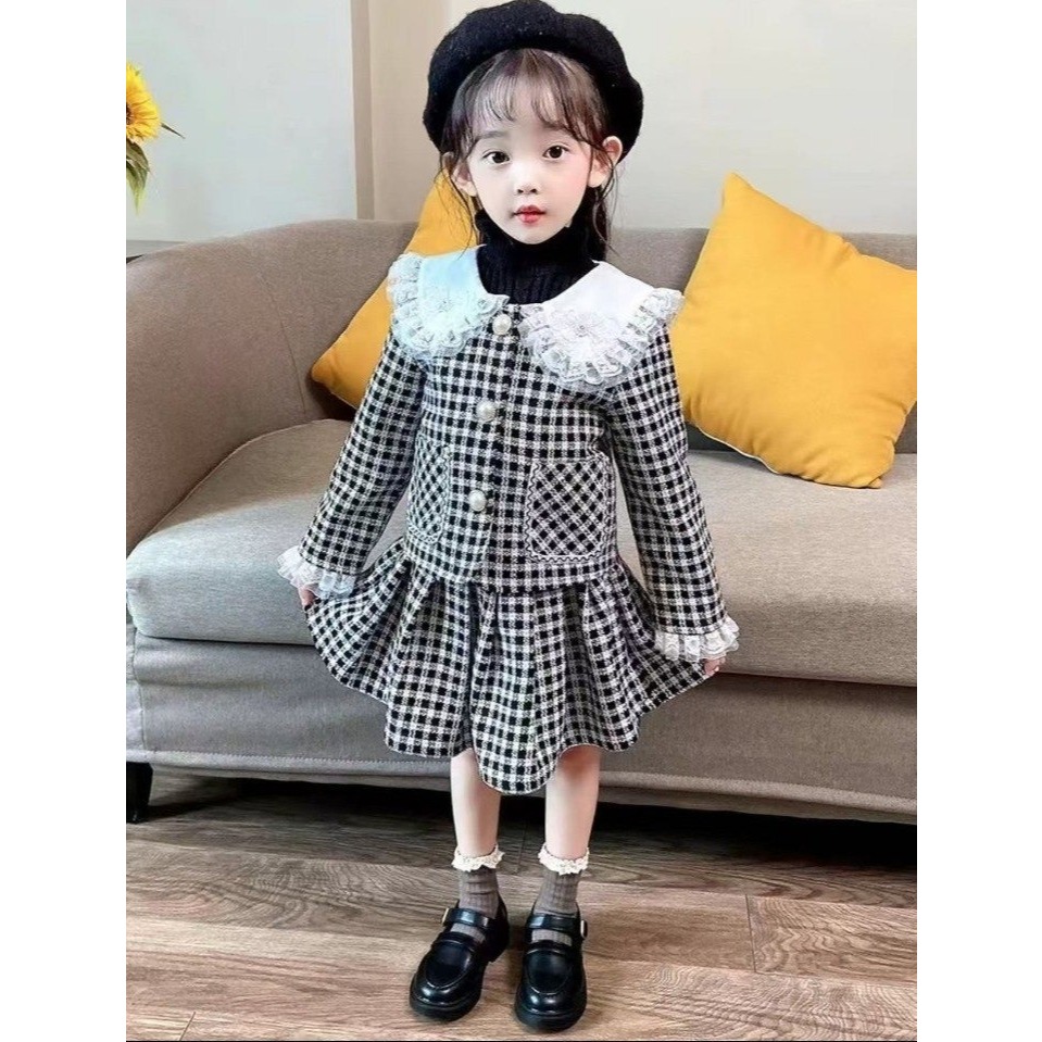 NIRMALA GIRL SET Baju Anak Perempuan Korean Style Atasan Blazer + Rok Rampel Tweed Motif Kotak kotak