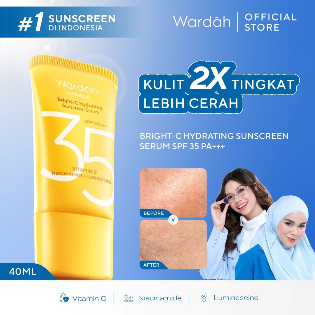 Wardah Sunscreen UV Shield Bright C-Hydrating Serum SPF 35 PA++++ Luminescence + Vitamin C + Niacina