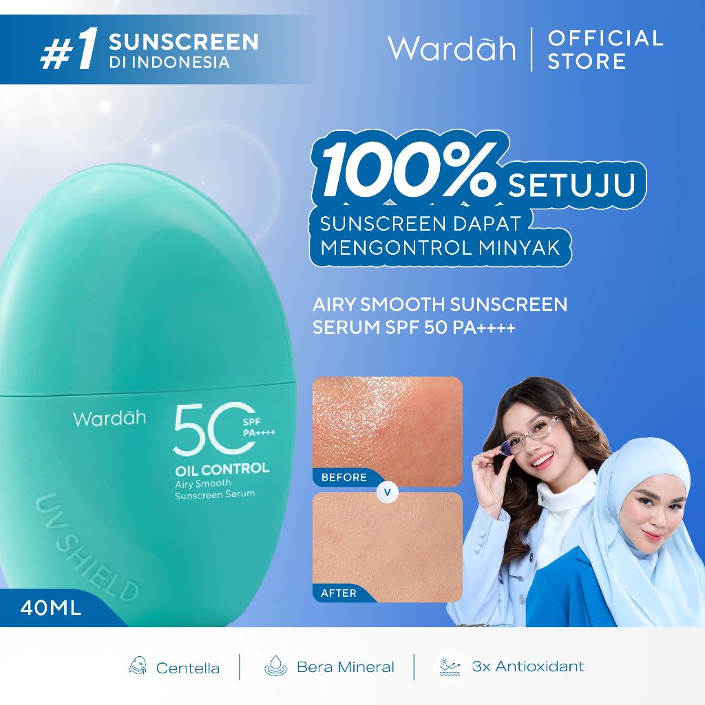 Wardah Sunscreen UV Shield Airy Smooth Sunscreen Serum SPF 50 PA++++ Centella + Bera Mineral + Rayka