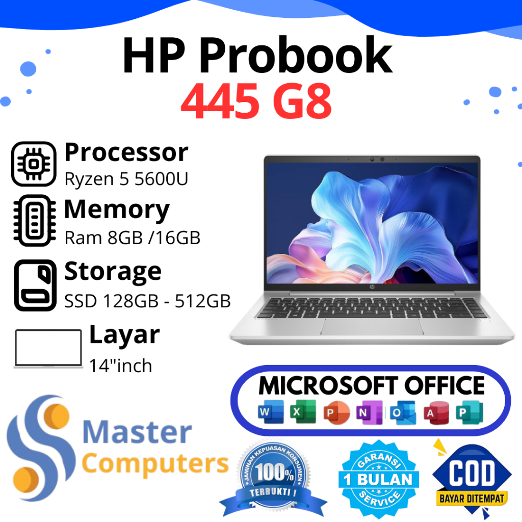 HP Probook 445 G8 Ryzen 5 Pro 5600u RAM 8GB / 16GB SSD 128GB / 256GB / 512GB Layar 14 Inch