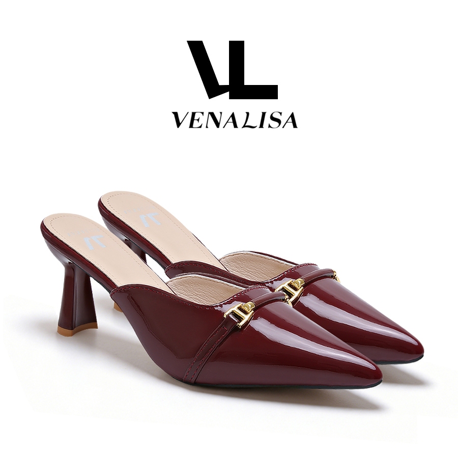 Venalisa Sepatu Heels Pesta Wanita sandal selop kulit runcing kerucut 7.5cm kerja kantor perjamuan