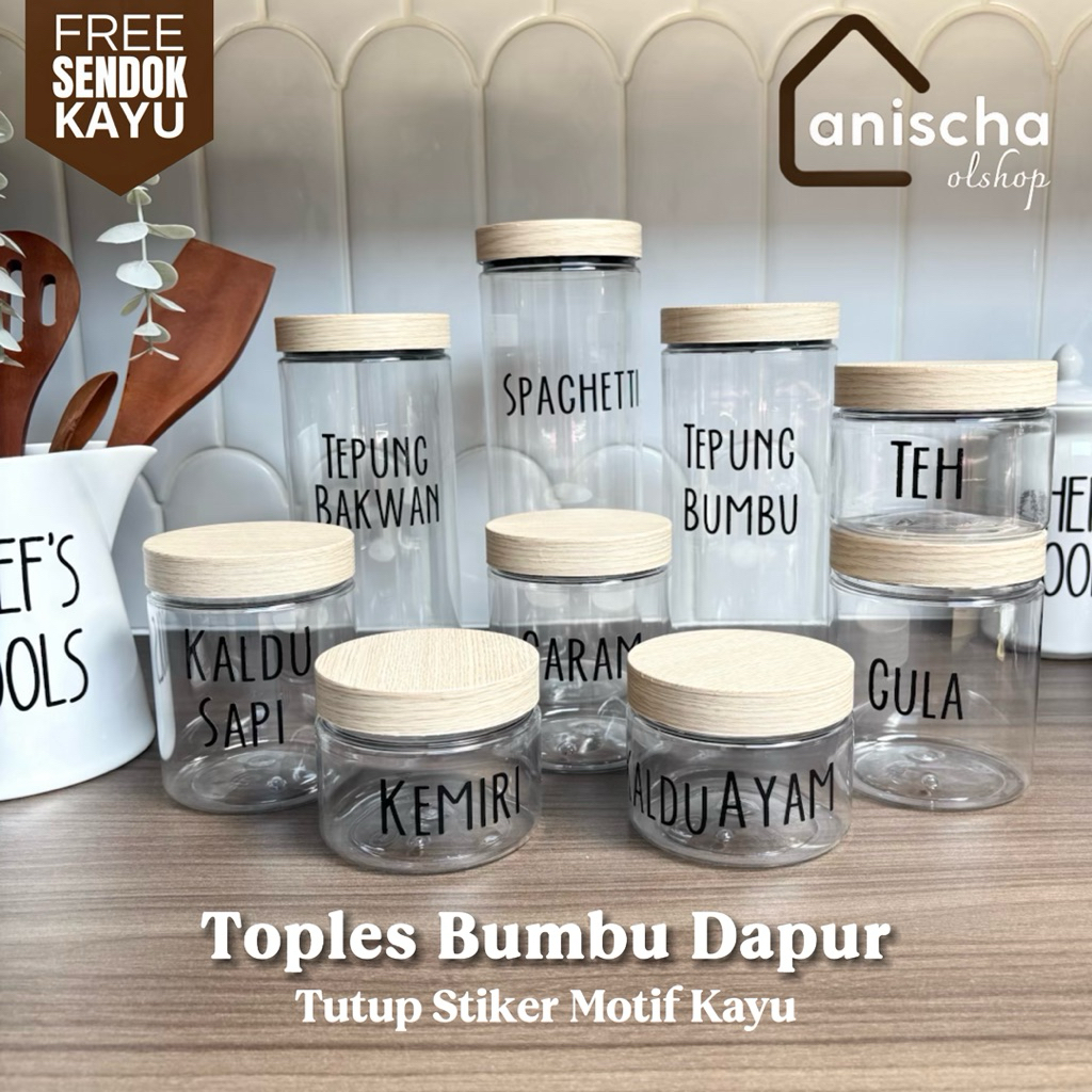 Free Sendok- Toples Refill Bumbu Dapur Tutup Lapis Motif Kayu Free Custom Stiker Cutting