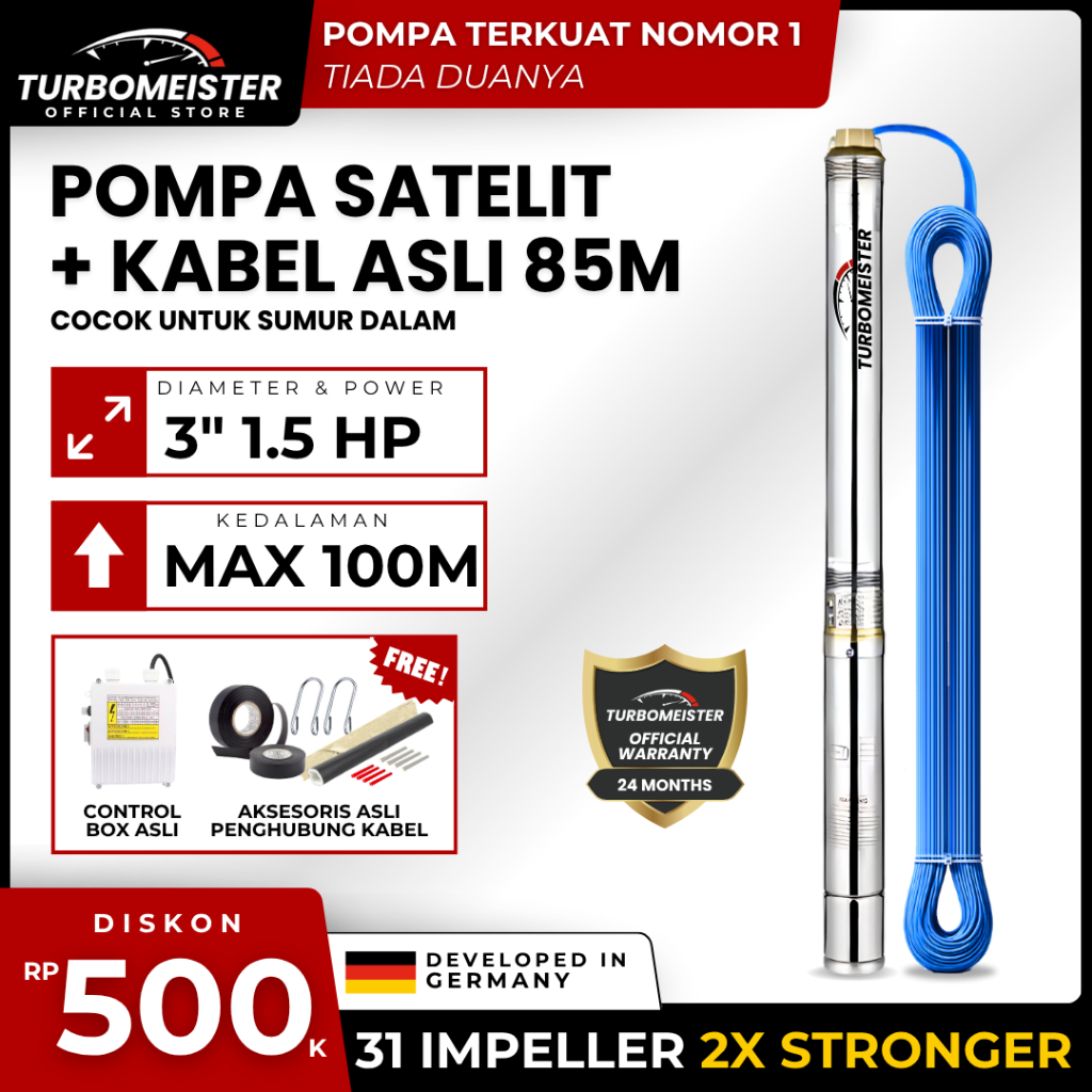 Pompa Satelit 3 Inch Turbomeister 1.5 HP + Kabel 85 Meter - Submersible / Sibel - Sumur Dalam 100 M