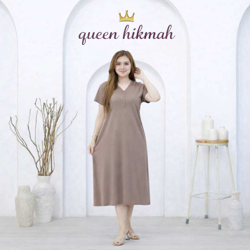 QUEENHIKMAH - Midi Dress Busui Daster Busui Polos Bahan Spandek Rayon Premium Dress Bumil Kancing Pa