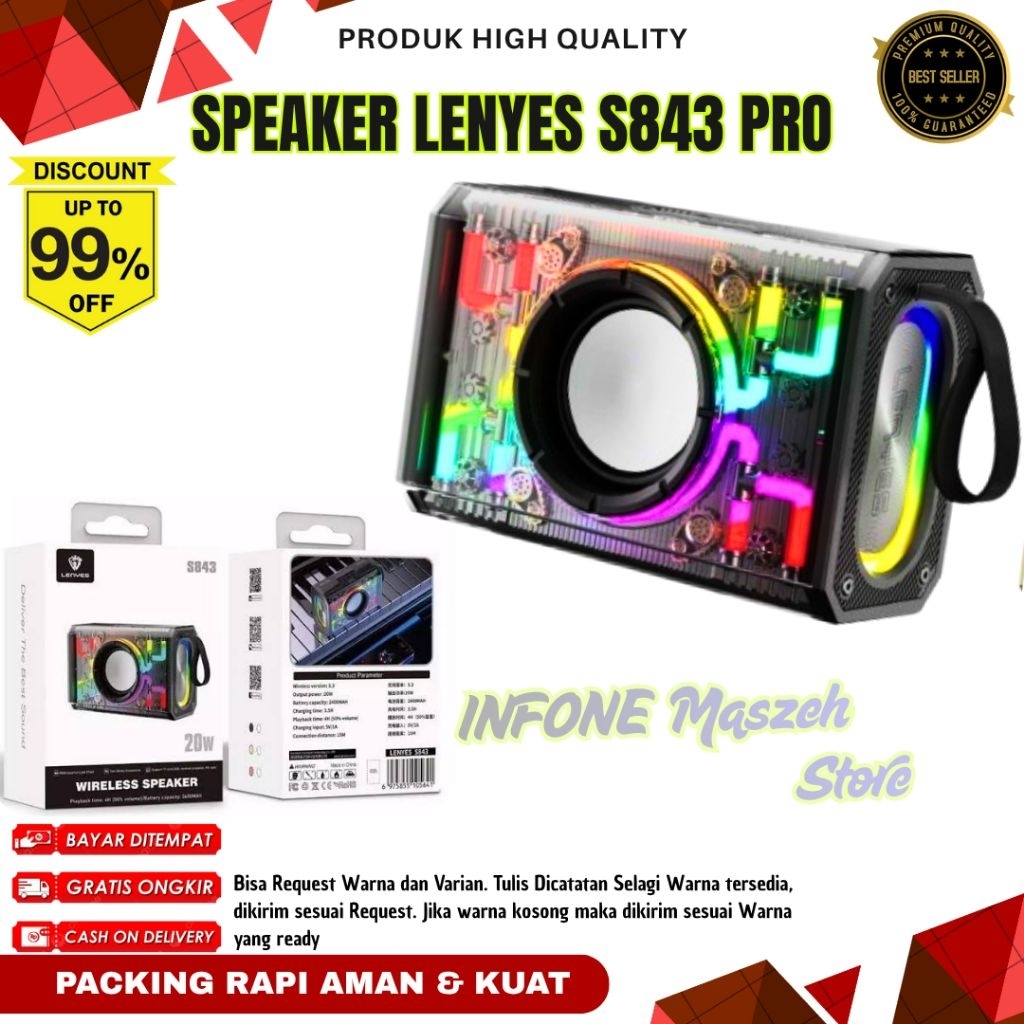 LENYES S843 Speaker Bluetooth 20W Original 100% Ori Bukan KW RGB Transparan TWS Stereo Bass Powerful