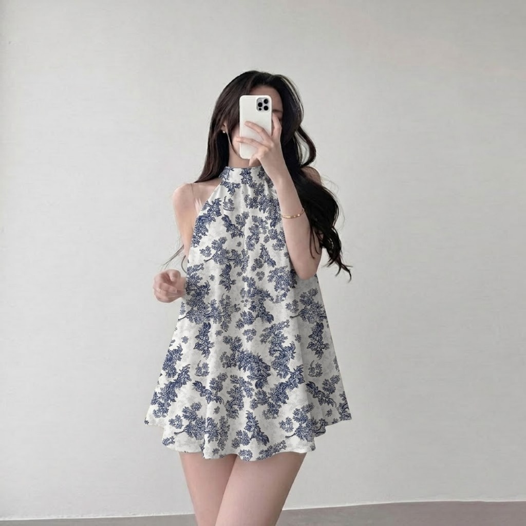 MT 1 | NOE DRESS/HALTER NECK /DRESS PARTY/DRESS PANTAI/SUMMER DRES KOREAN STYLE  RAYON MOTIF PREMIUM