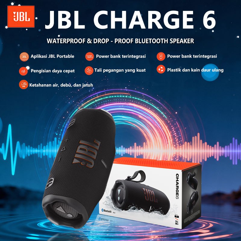 JBL Charge 6 Speaker portabel tahan air dan tahan jatuh dengan JBL Pro sound yang mantap Up to 28 ho