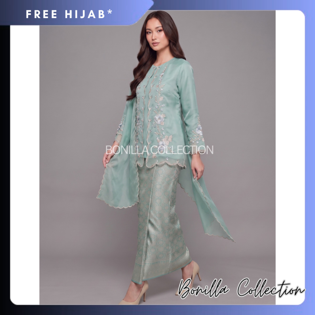 Set Kebaya Kurung Organza Sakila Sulam Bunga Premium dan Selendang Organza / Baju Tunik Organza / Ba
