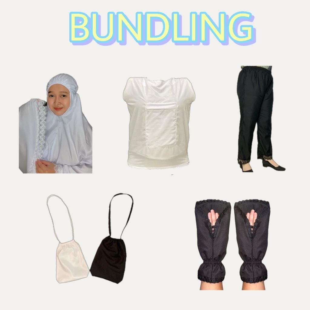 SET perlengkapan umroh haji [ hijab khadijah + kaos dalam + celana + kantong batu + sarung tangan ]