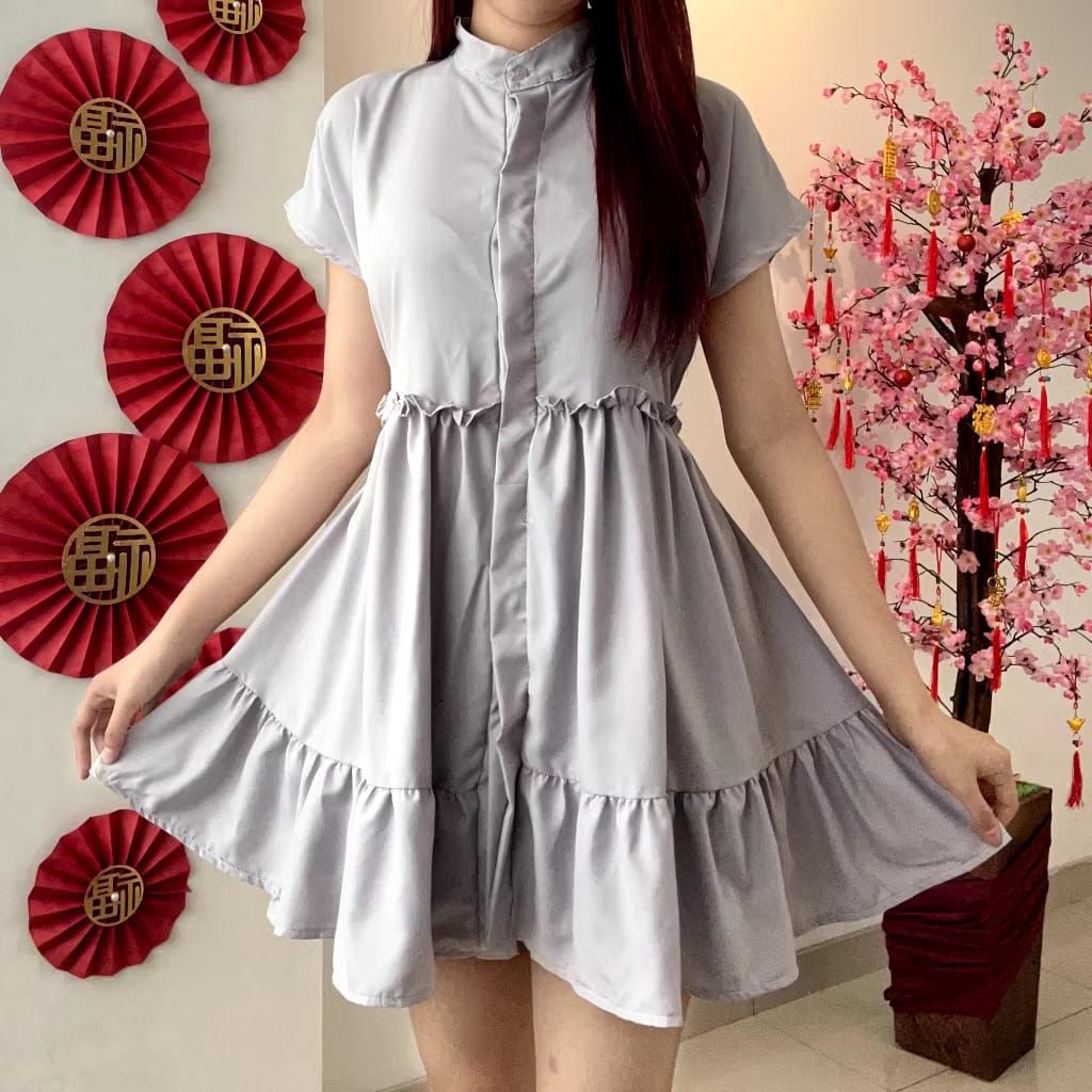 HYOMI DRESS / RUFFLE DRESS WANITA / DRESS MIDI DRESS LENGAN PENDEK