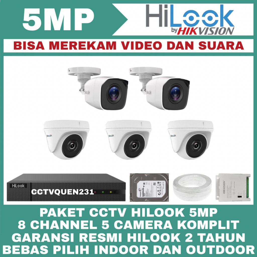 PAKET CCTV HILOOK 5MP 8 CHANNEL 5 KAMERA TURBO HDTVI CAMERA CCTV KOMPLIT