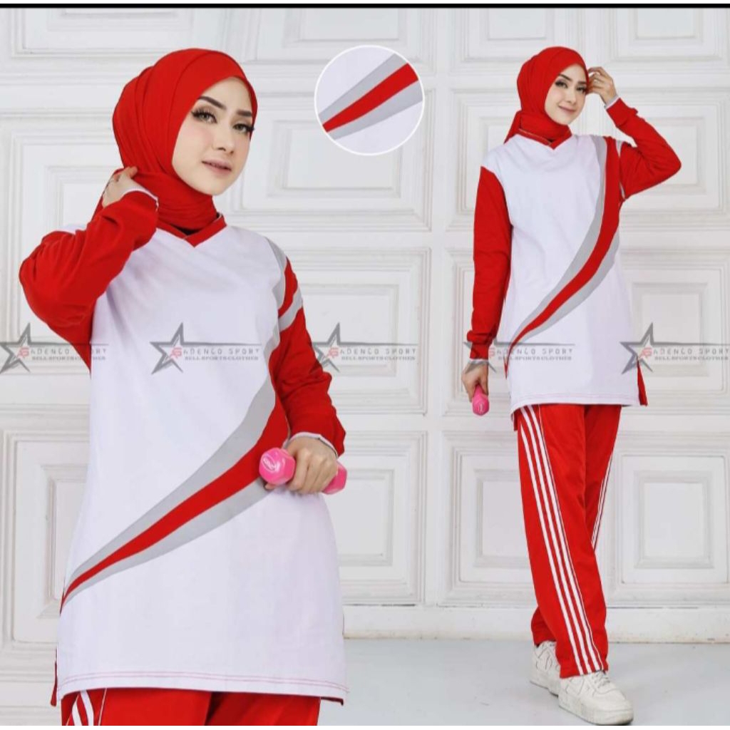 Setelan Tunik Knew merah putih//Olahraga Wanita Muslimah//Setelan new Tunik lengan panjang/tunik new
