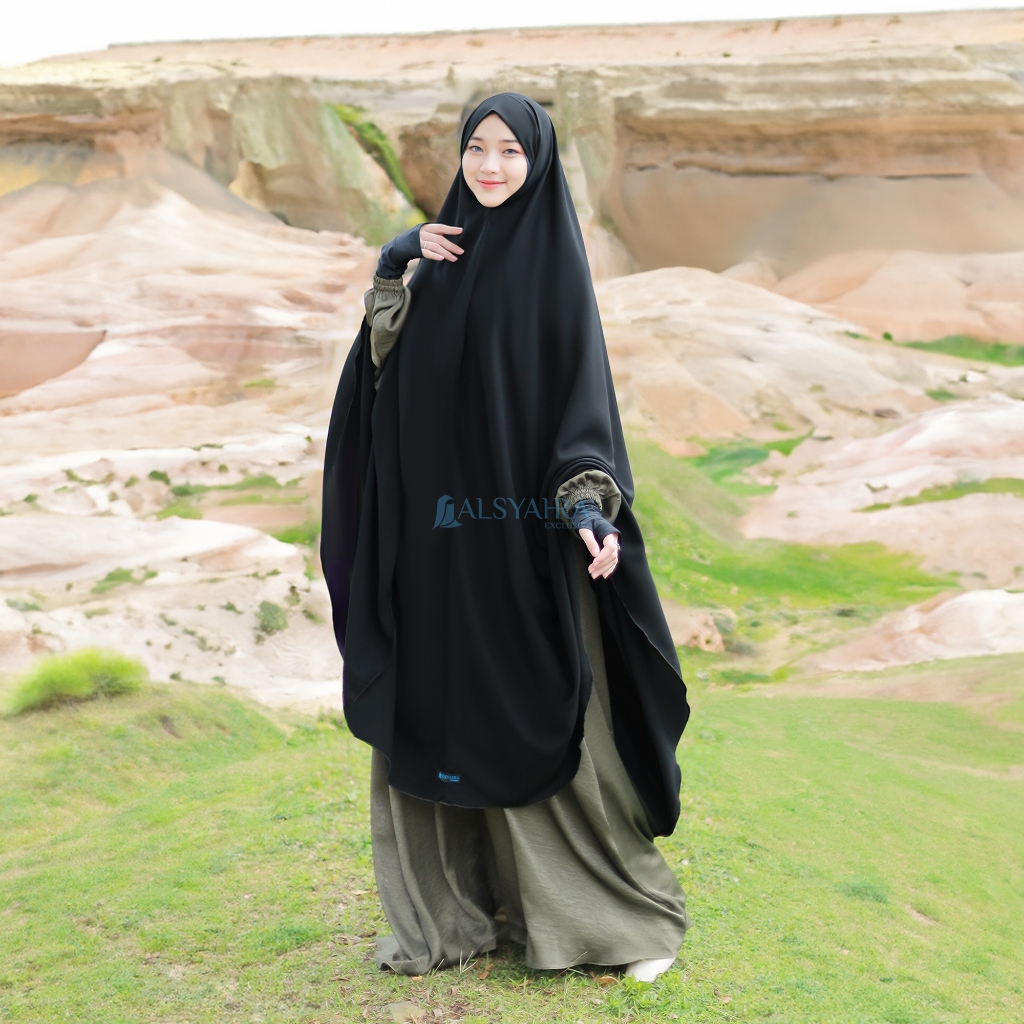 Alsyahra Exclusive Set Long Khiban Khimar Bandana Like Mukena Syari Haramain Cadar Jetblack