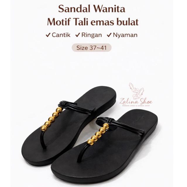 Sandal Wanita Jepit Karet Lentur (Sandal Jepit Cewek Tali Emas Bulat)