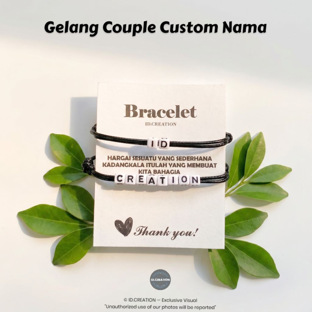 Gelang Couple Custom Nama – Tali Korea 2mm dengan Dadu Inisial A-Z Putih