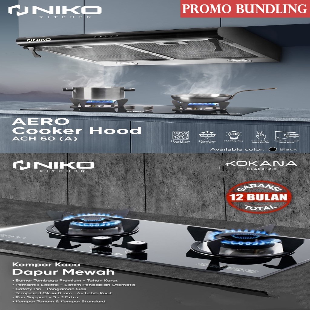 (PROMO PAKET HEMAT) Niko Kompor Gas Kaca Kokana 2.0 Kompor Tanam 2 Tungku + Aero ACH 60A