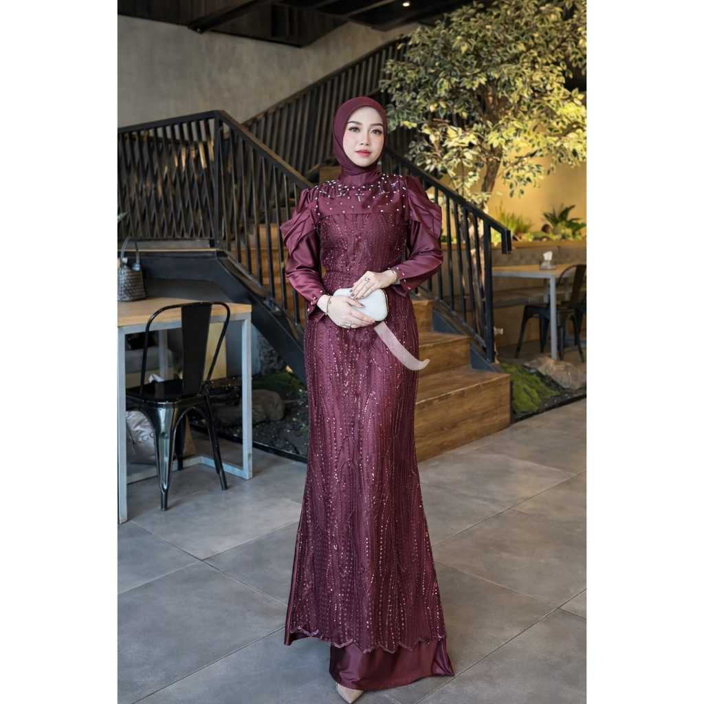 Diandra Dress Gamis Lebaran Gaun Pesta Satin Velvet Kombinasi Brokat Tille Premium