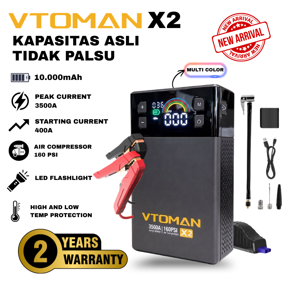 VTOMAN X2 Jump Start & Pompa 10.000 mAh | 37Wh Pompa Angin 160Psi Jump Starter Aki Powerbank Portabl